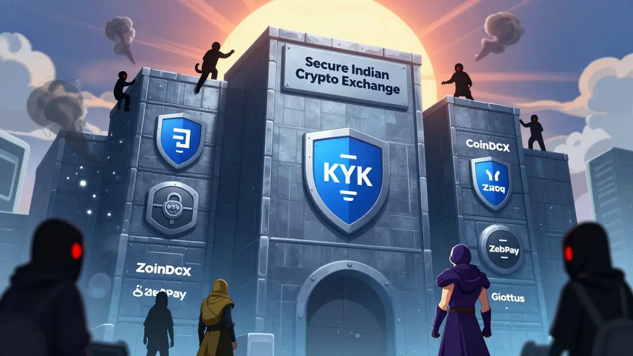 Forteresse numérique protégée par des gardiens représentant les échanges indiens, repoussant des figures d'escroquerie.