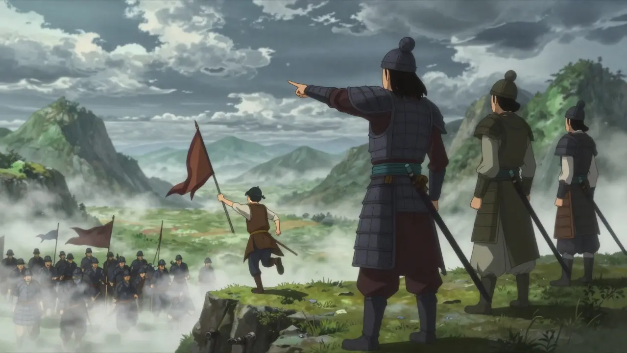 Généraux anciens planifiant une attaque sous une pluie, style manga.