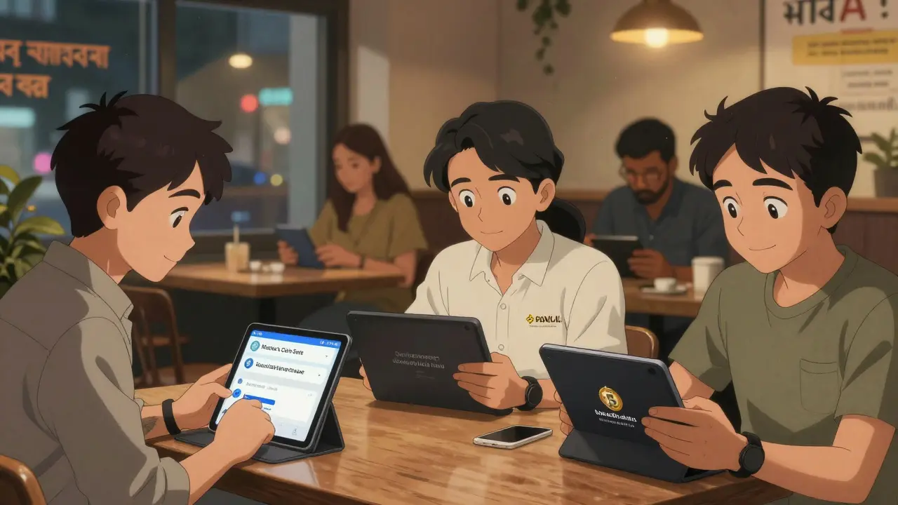 Groupe d'utilisateurs indiens sur un café, interagissant avec différentes plateformes de crypto via leurs appareils.
