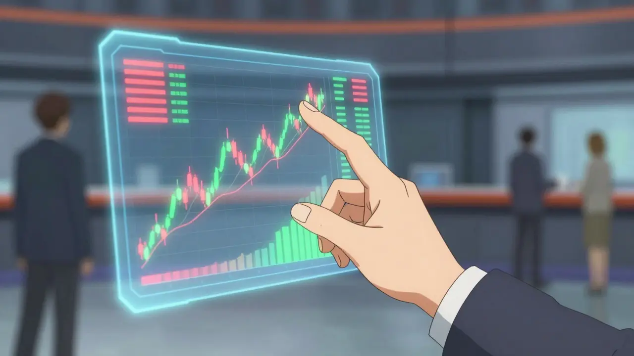 Interface de trading holographique avec graphiques abstraits dans un style manga.