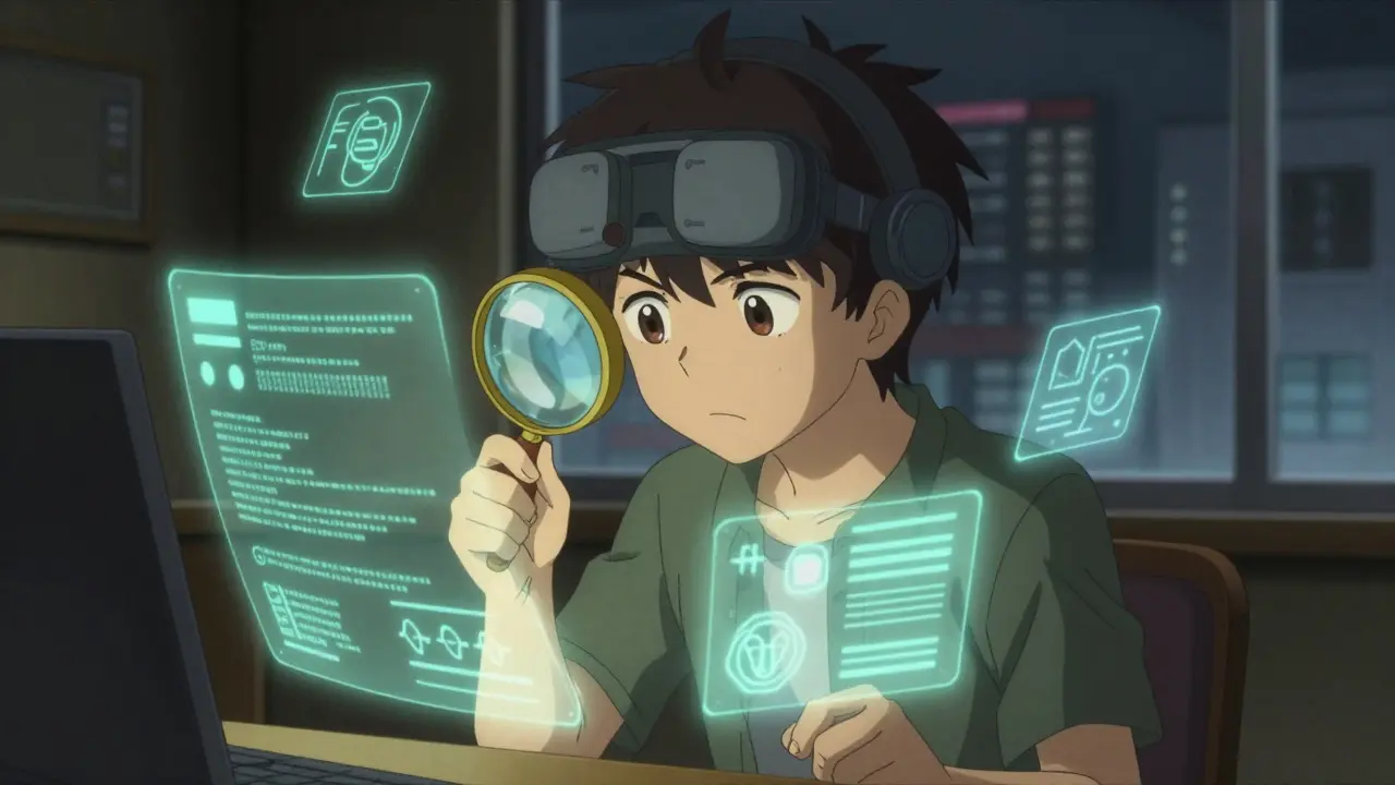 Investigateur examinant des hologrammes abstraits avec une loupe en mode sombre.