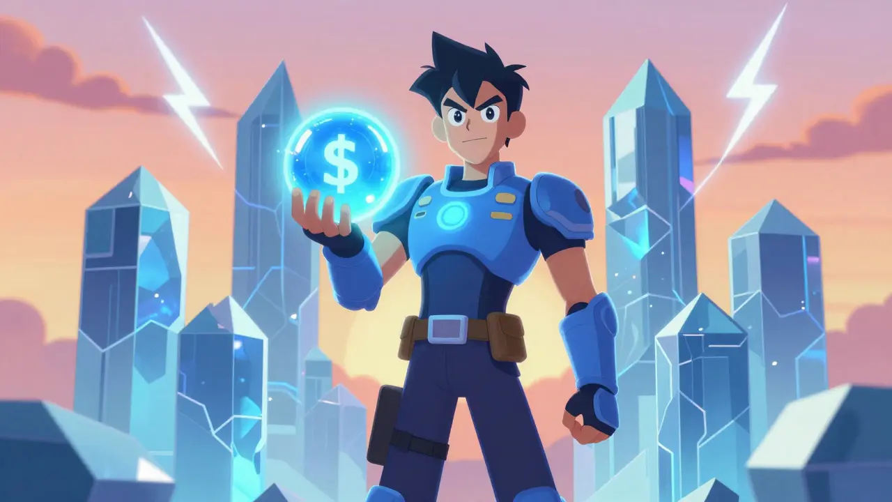 Investisseur confiant protégé par une structure blockchain futuriste contre les risques extérieurs.