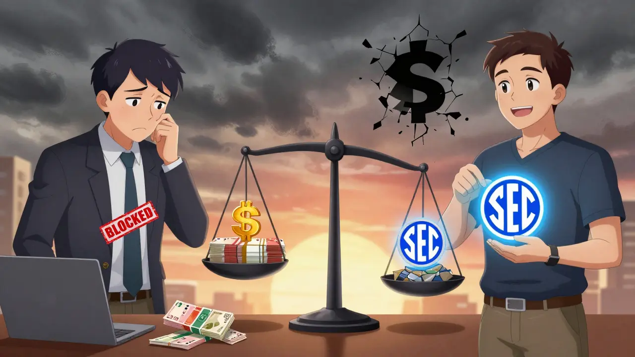 Split scene: worried investor vs. confident user on licensed platform, with regulated NFT on balance scale.