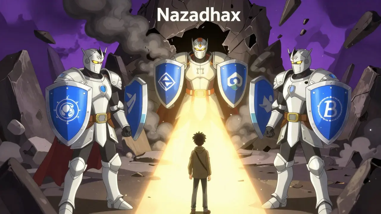 Trois échanges légitimes protègent un voyageur contre les ruines de Nazadax, en lumière dorée contre l'ombre.