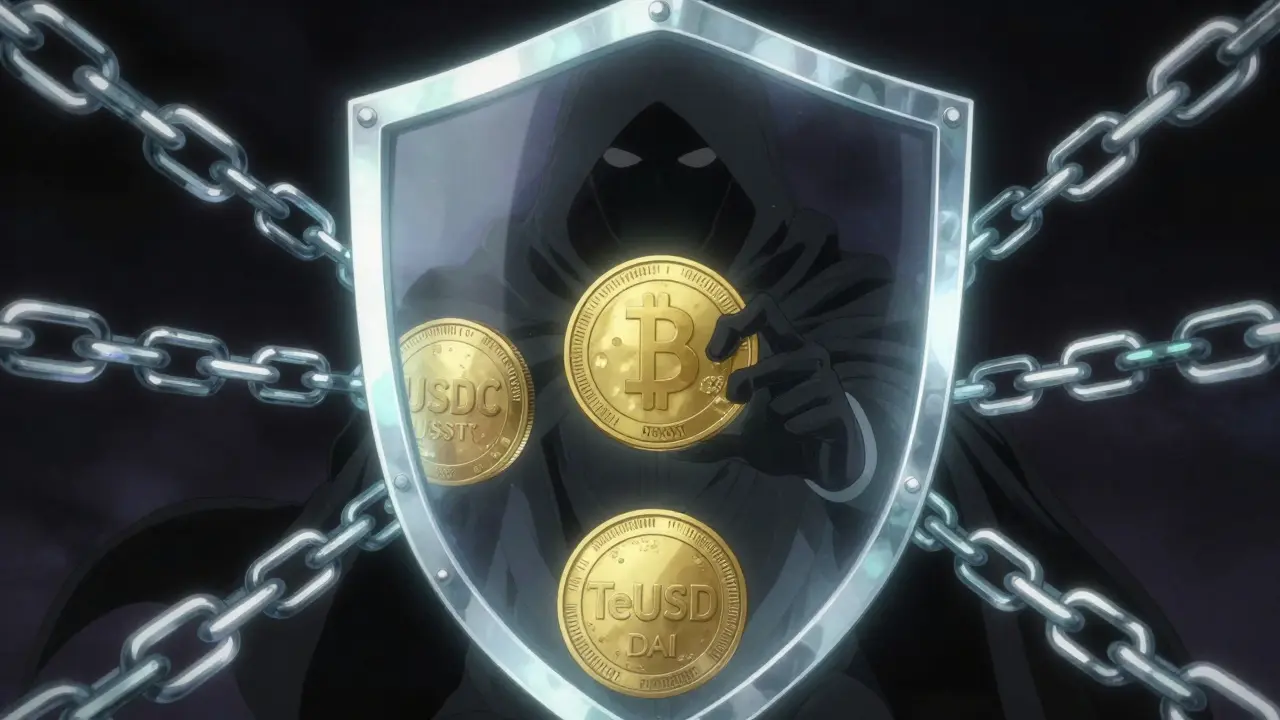 Un bouclier blockchain protège USDC, USDT et DAI, tandis qu'une ombre tente d'introduire un faux token TeUSD qui disparaît.
