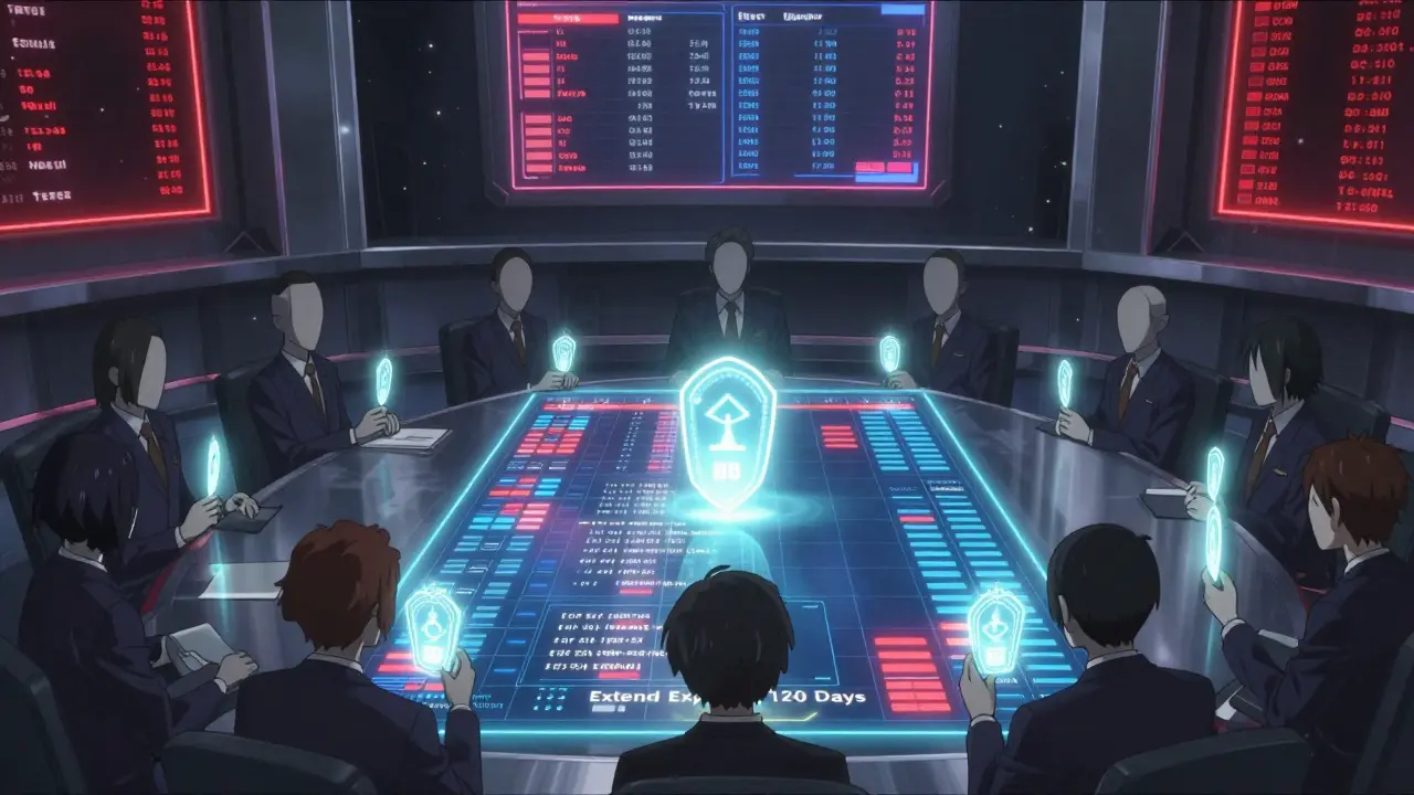 Un conseil de détenteurs de jetons HEGIC votant sur une proposition de gouvernance dans une salle céleste.