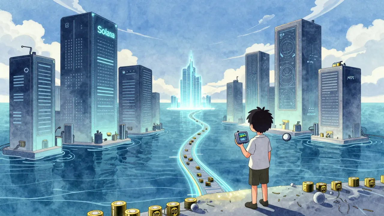 Un débutant avec un petit nœud Plasma face à des géants validateurs, sous un ciel néon, dans un style anime cel-shaded.