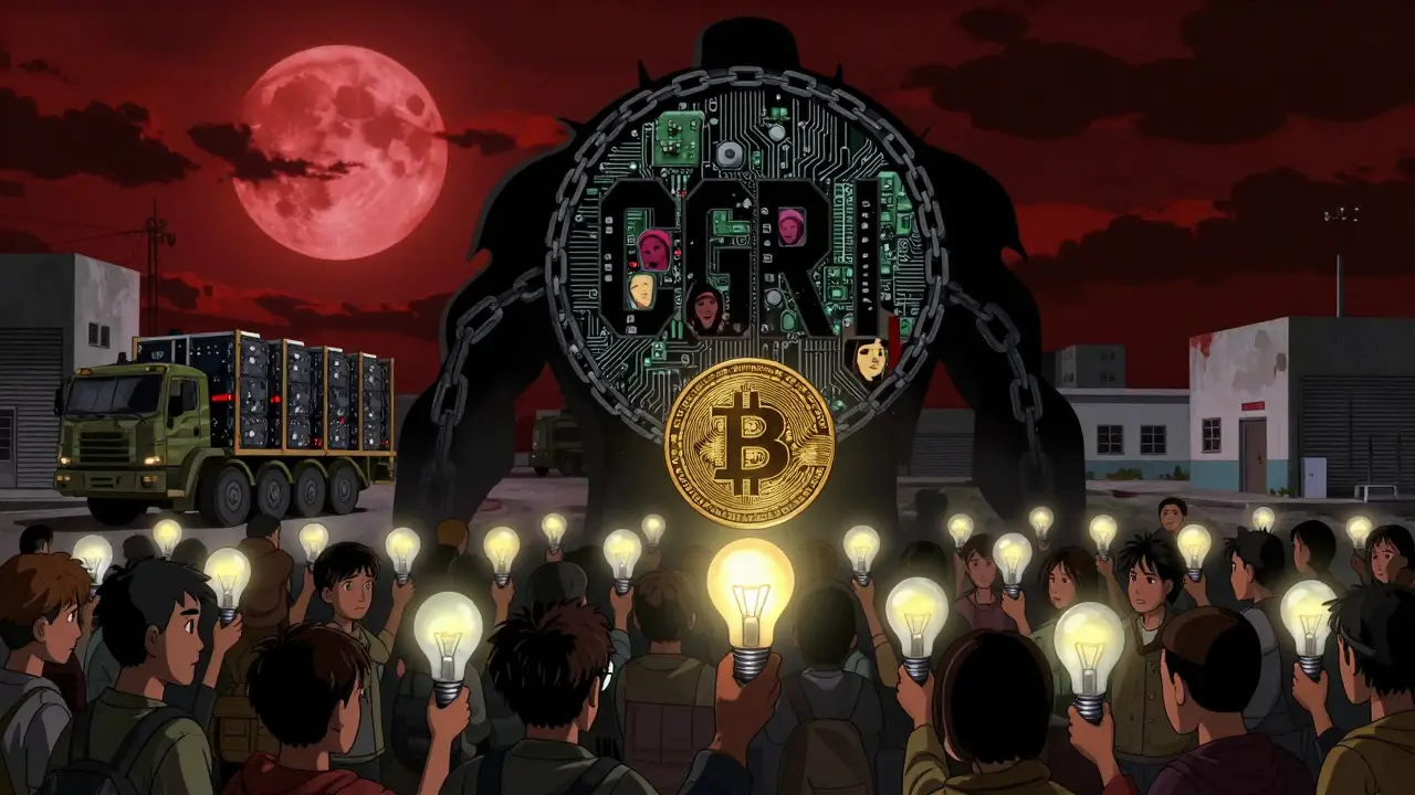 Un emblème militaire géant domine des citoyens sans électricité, tandis qu'une pièce Bitcoin reflète leurs visages dans l'ombre.