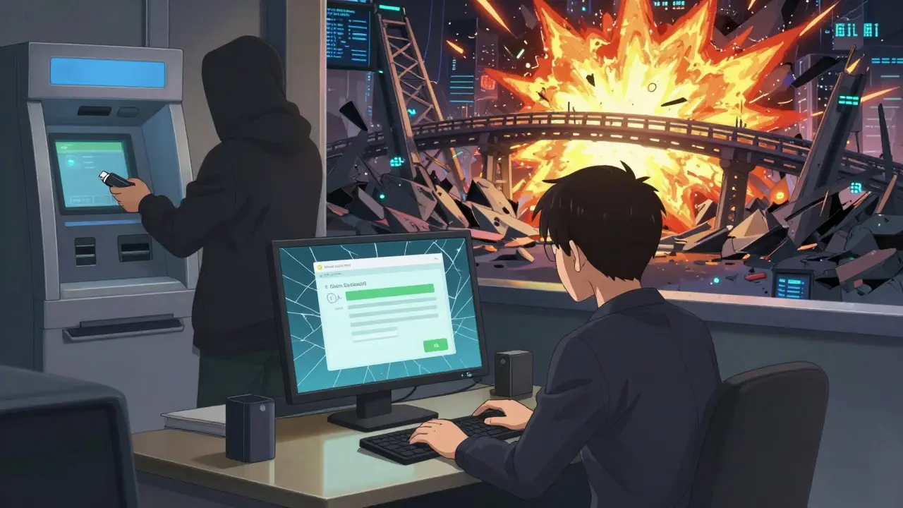 Un employé d'échange bloque une transaction tandis qu'un pirate cache des fonds volés, dans un style anime cel-shaded.