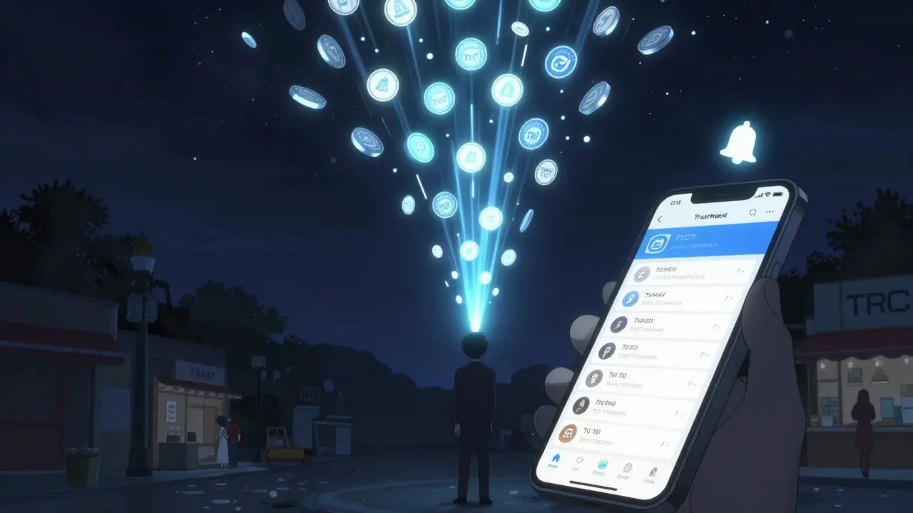 Un gagnant reçoit une pluie de jetons TCT brillants depuis le ciel, tandis qu'une notification Twitter clignote au-dessus de son téléphone.