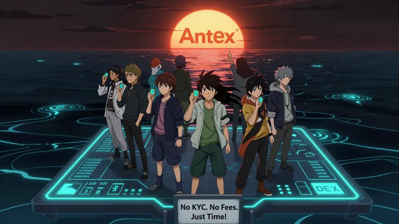 Un groupe de personnages sur une plateforme DEX, regardant un soleil portant le logo AntEx, sous un océan de trading presque vide.