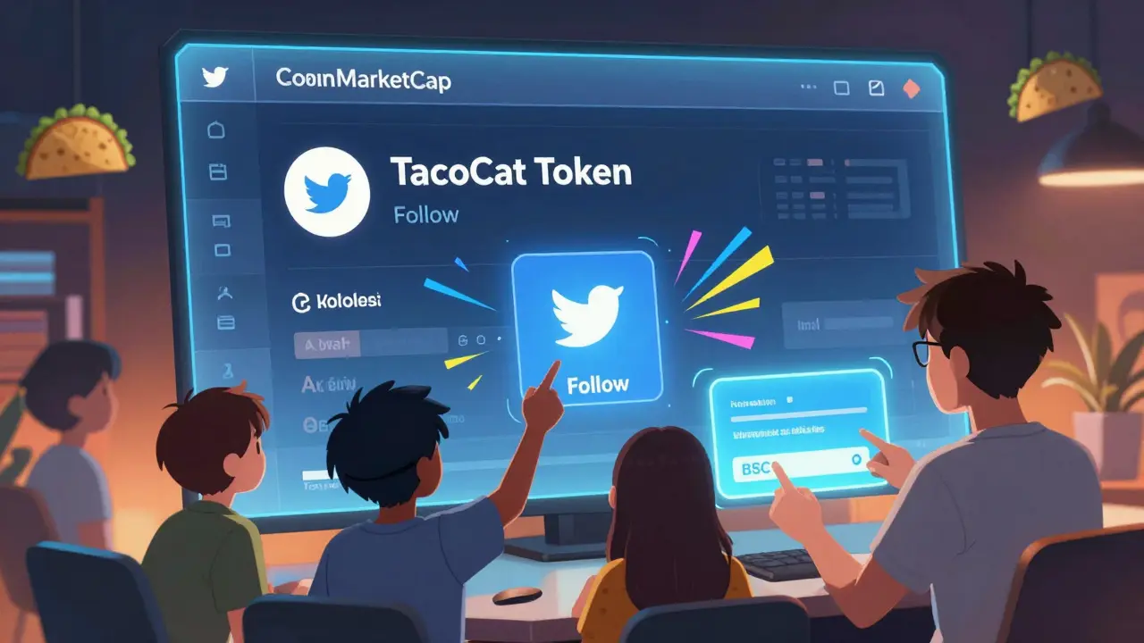 Un groupe de personnes regarde une écran holographique de CoinMarketCap pour participer à l'airdrop TCT, avec des icônes Twitter et Telegram flottantes.