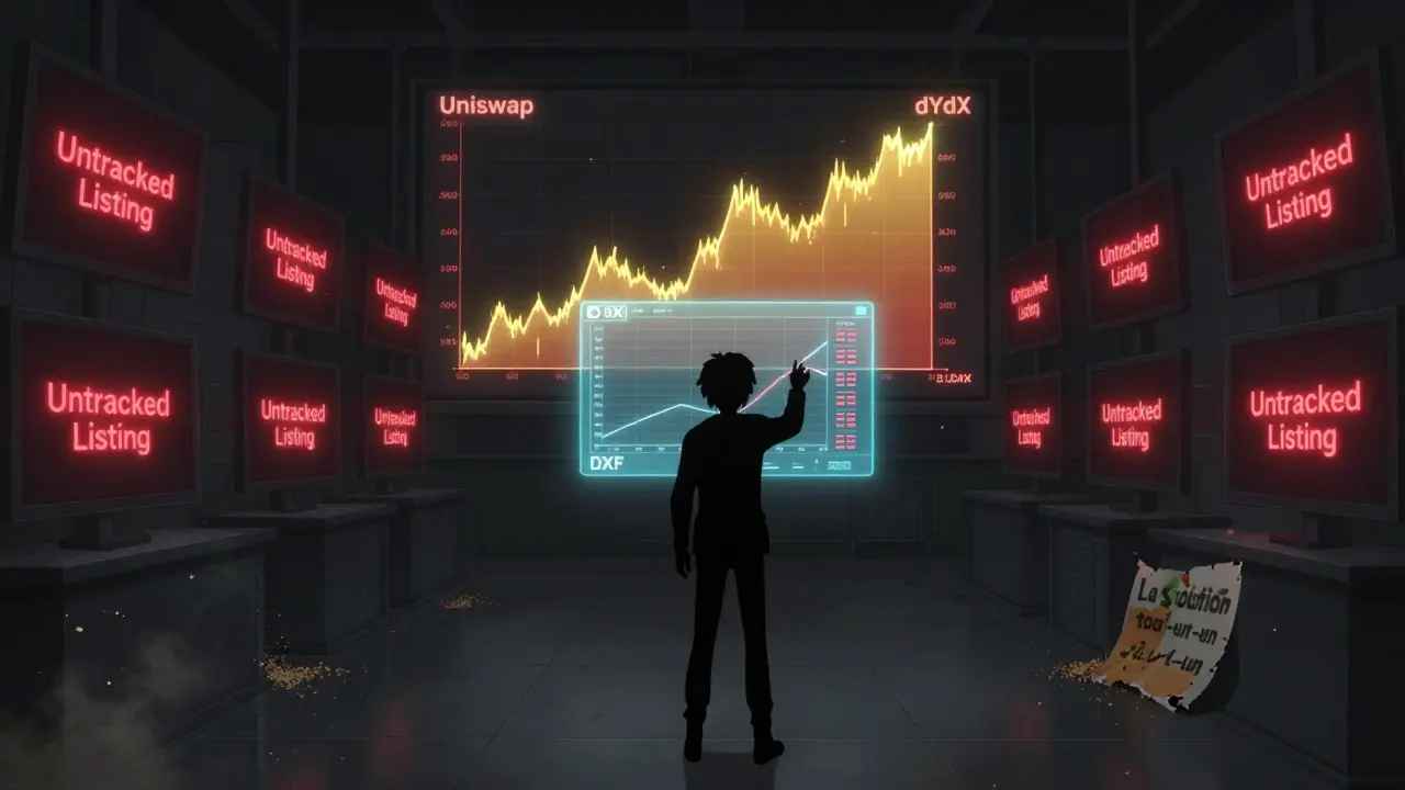 Un hall de trading vide avec des écrans affichant 'Untracked Listing', contrastant avec des graphiques en pleine croissance.