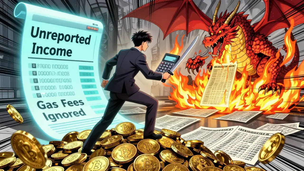 Un investisseur bataille contre les pièges fiscaux du yield farming, entouré de symboles de négligence et de registres blockchain.