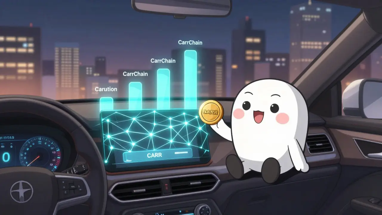 Un jeton CARR animé guide un conducteur sur une application de prêt automobile décentralisé, avec un indicateur de réputation numérique.