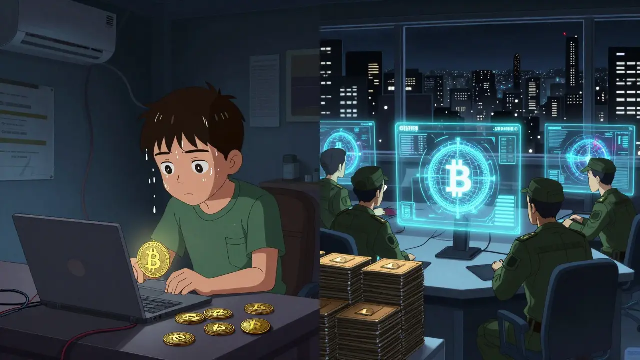 Un jeune Iraniens mine secrètement du Bitcoin dans une chambre sombre, tandis qu'un centre militaire contrôle les transactions en coulisses.