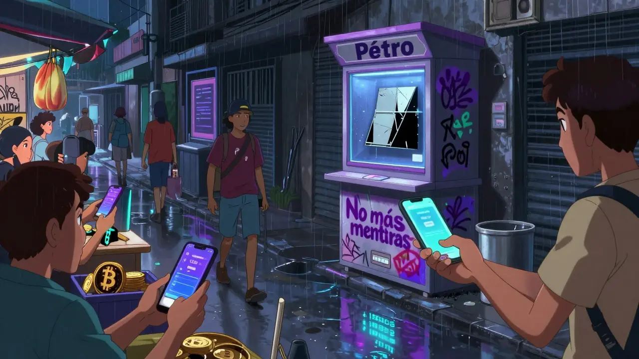 Un marché noir à Caracas où les gens échangent des Bitcoin et USDT, ignorant un kiosque Pétro abandonné.