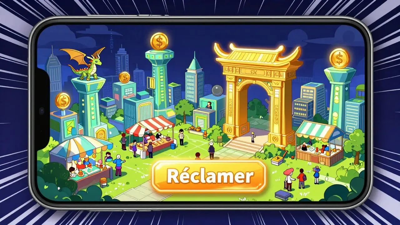 Un monde numérique vivant à l'intérieur d'un téléphone, où des jetons LGX servent de monnaie dans une ville de jeux et NFT.