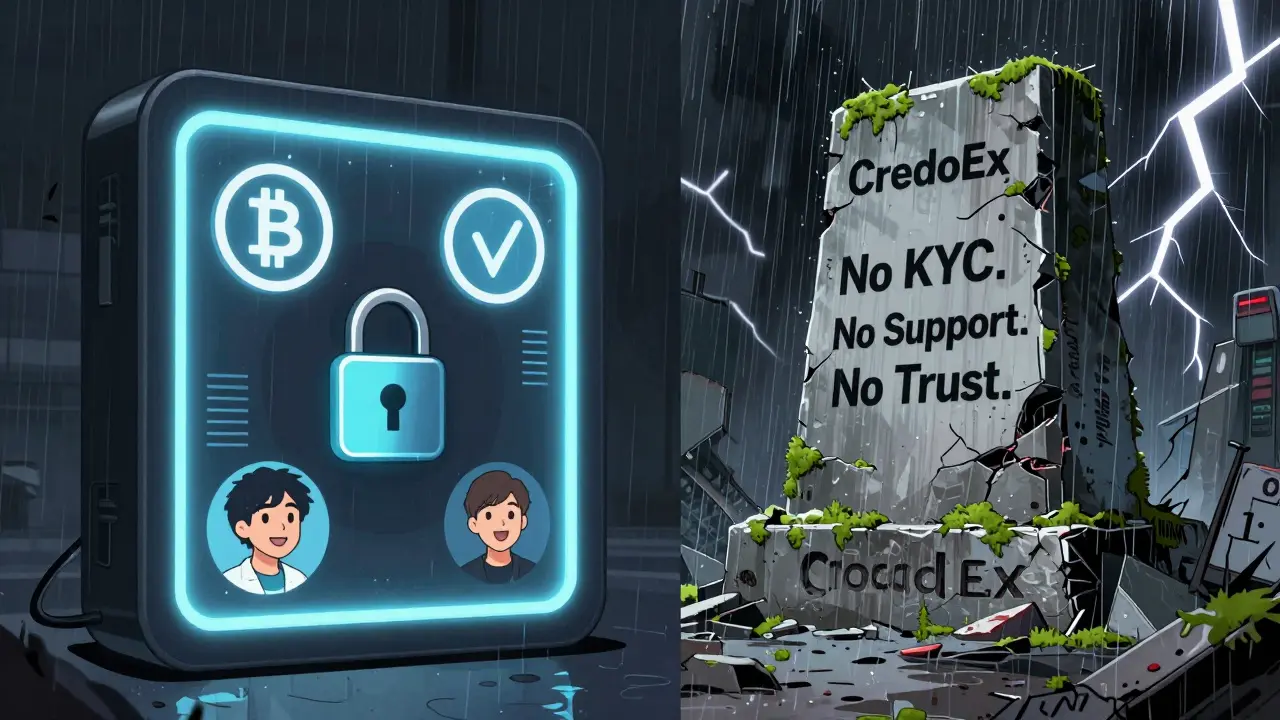 Un monument détruit de CredoEx face à un échange sécurisé et fiable, sous une pluie dramatique.