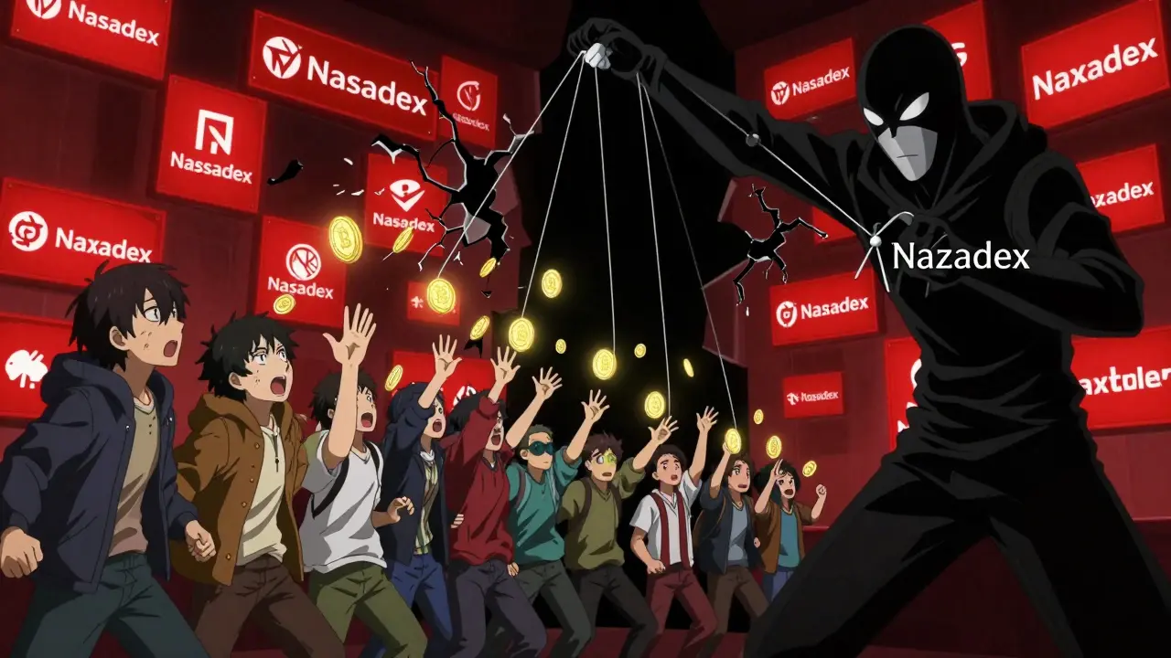 Un personnage masqué contrôle des victimes avec des chaînes, tandis que des faux échanges s'effondrent dans un trou noir.