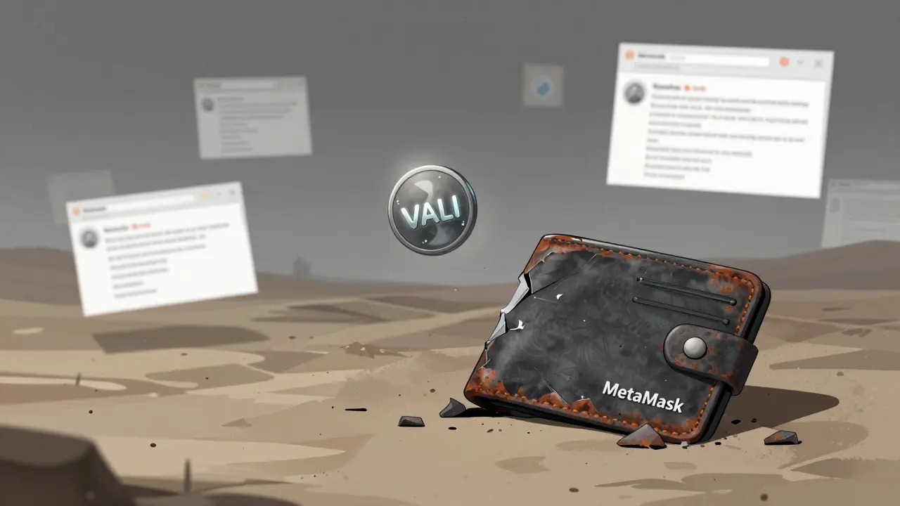 Un portefeuille cassé repose sur un paysage numérique vide, un jeton VALI flotte hors d'atteinte, entouré de déchets numériques.