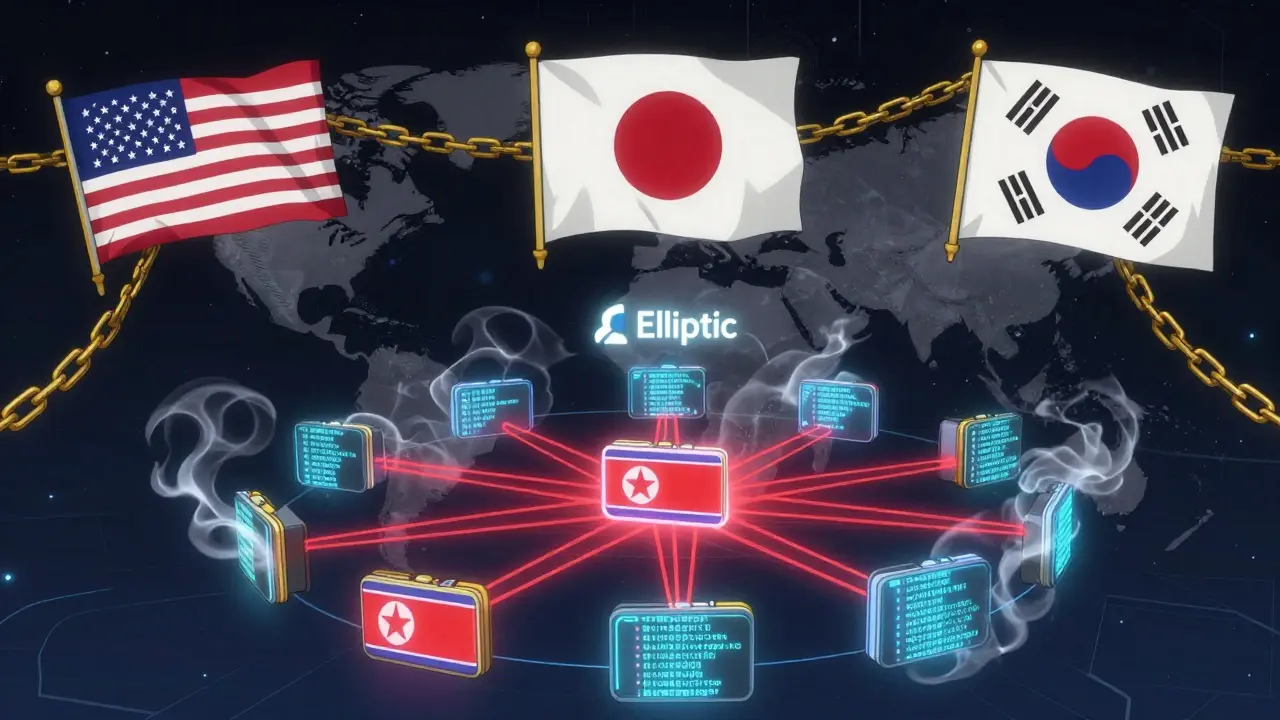Un réseau international de sanctions tente de tracer des clusters de portefeuilles liés à la Corée du Nord, dans un style anime.