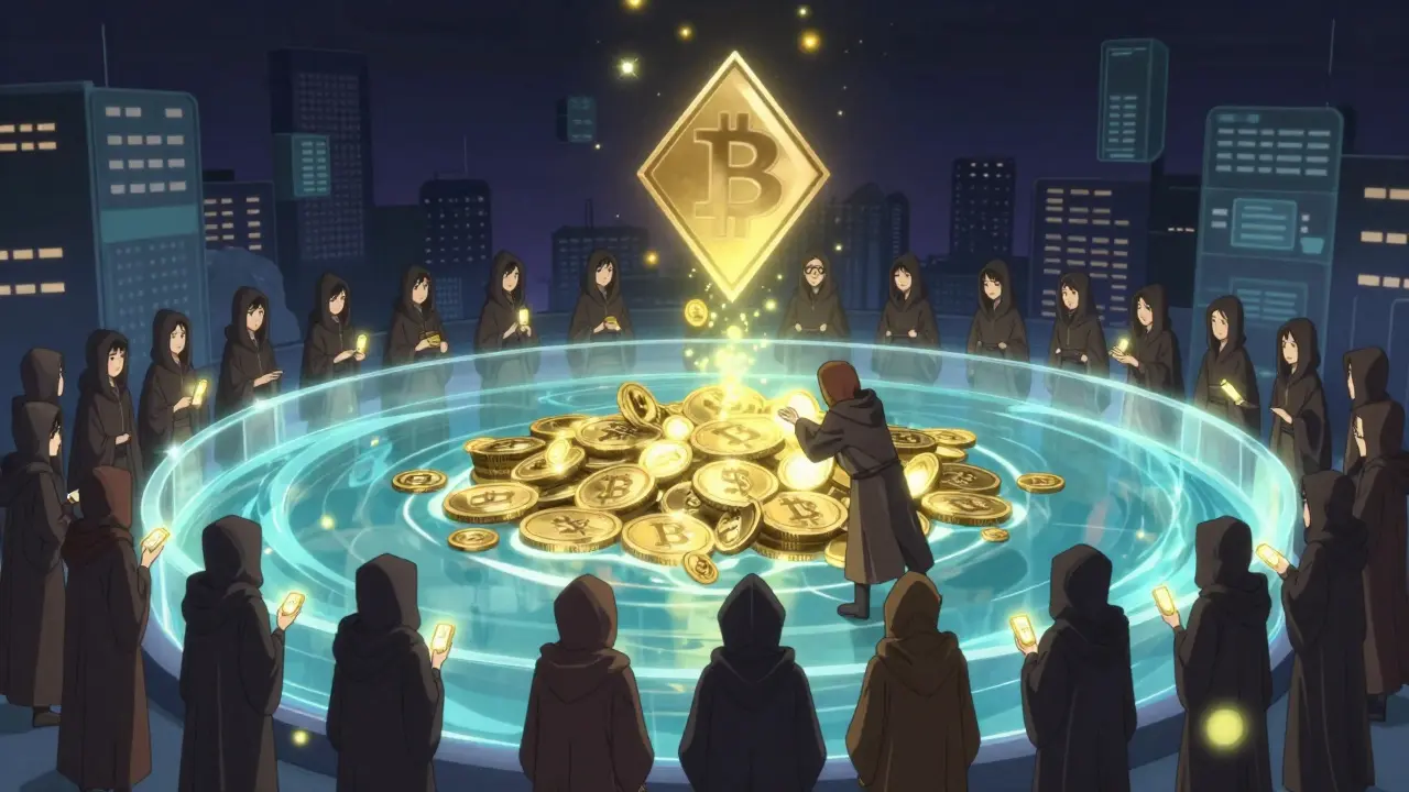 Un réservoir lumineux d'ETH et de wBTC avec des utilisateurs déposant des fonds et recevant des récompenses.