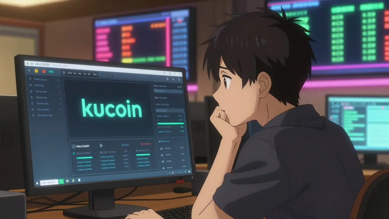 Un trader regarde un écran de KuCoin où VALI est presque invisible, tandis que d'autres cryptos brillent en arrière-plan.