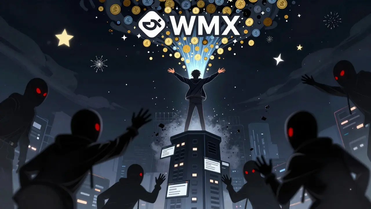 Un utilisateur sur une tour blockchain, entouré de jetons WMX tombant du logo CoinMarketCap, tandis que des escrocs disparaissent en cendres numériques.