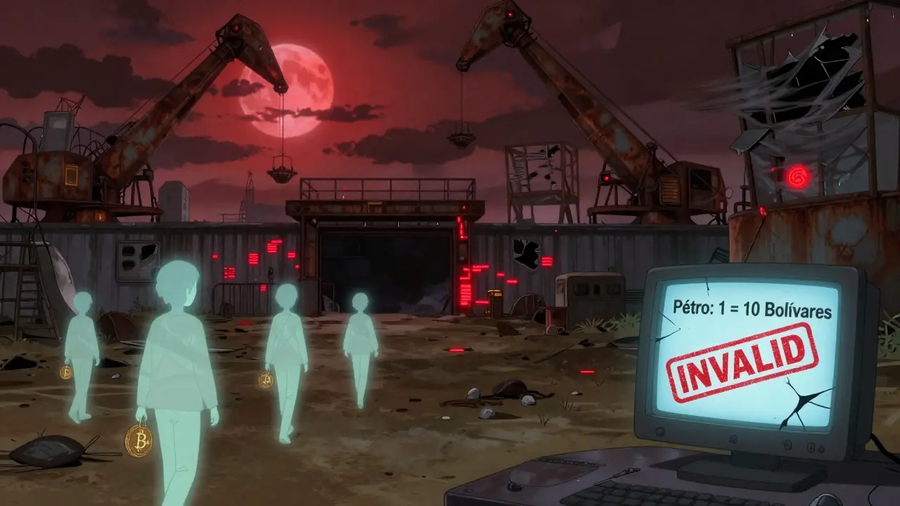 Une mine Pétro abandonnée sous la lune rouge, tandis que des citoyens partent avec des portefeuilles Bitcoin.