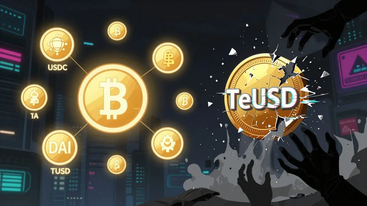 Une scène divisée : à gauche, des stablecoins vérifiés brillent en lumière dorée ; à droite, TeUSD se désintègre en cendres numériques.