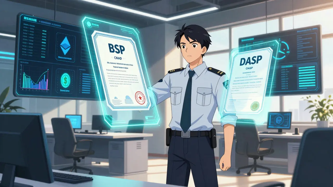 Bureau technologique avec hologrammes des licences BSP et DASP dans un style anime.