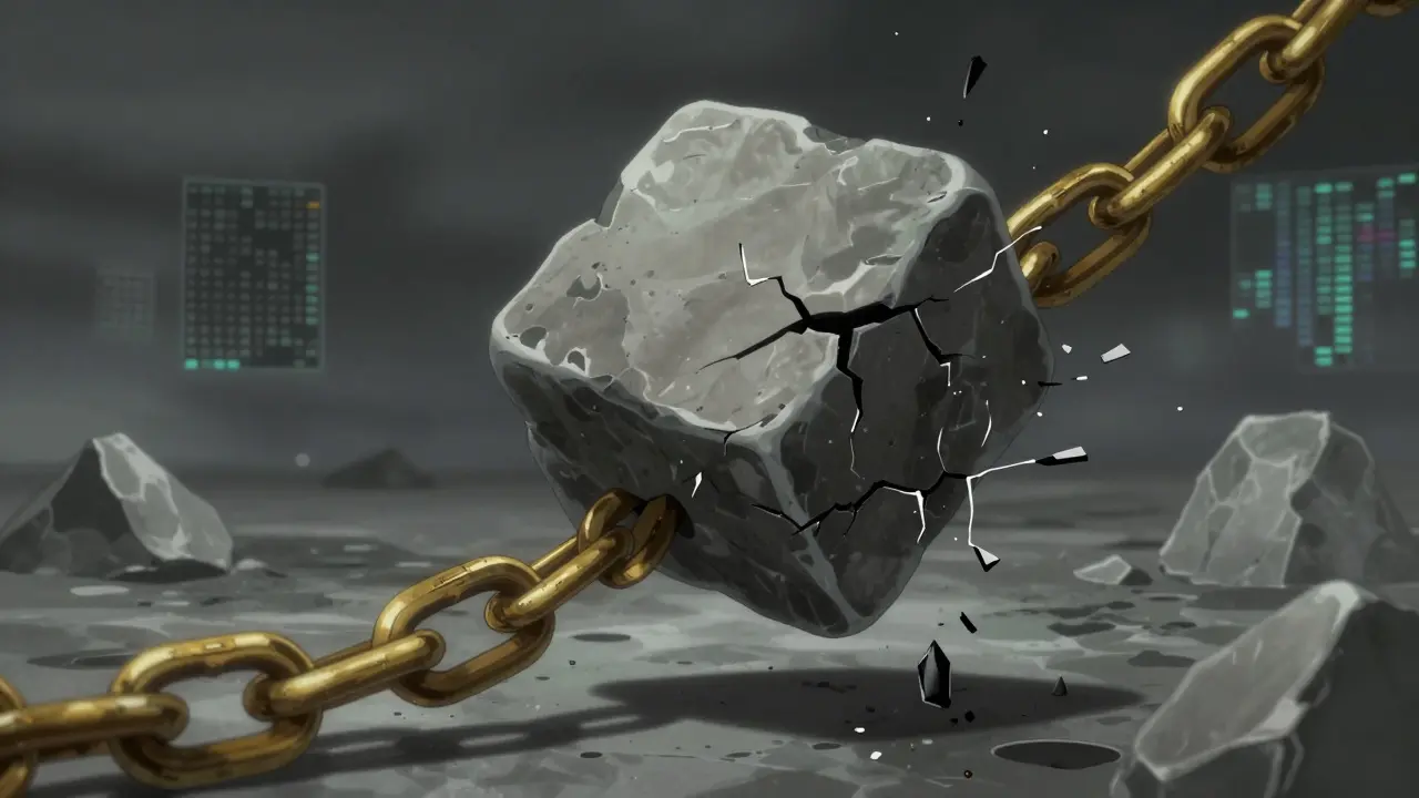 Chaîne dorée se brisant en pixels, symbolisant l'instabilité d'un système financier.