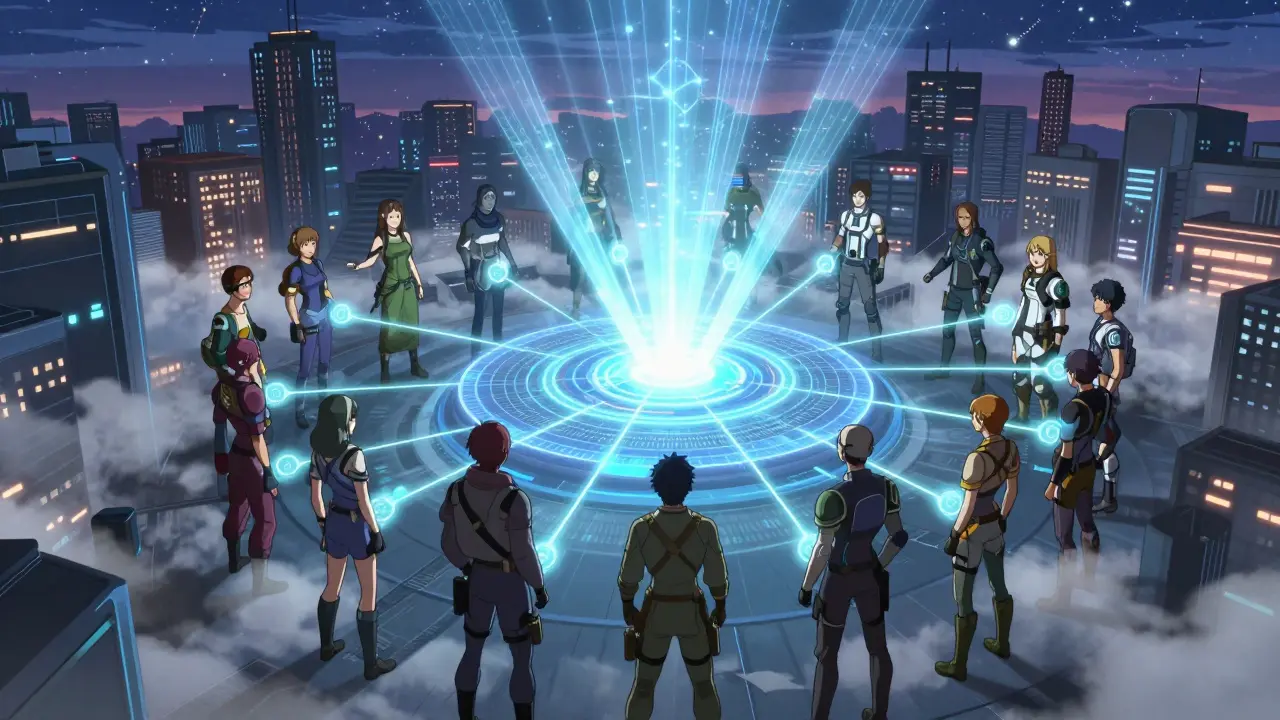 Communauté de personnages connectés par la lumière pour voter sur un réseau décentralisé.