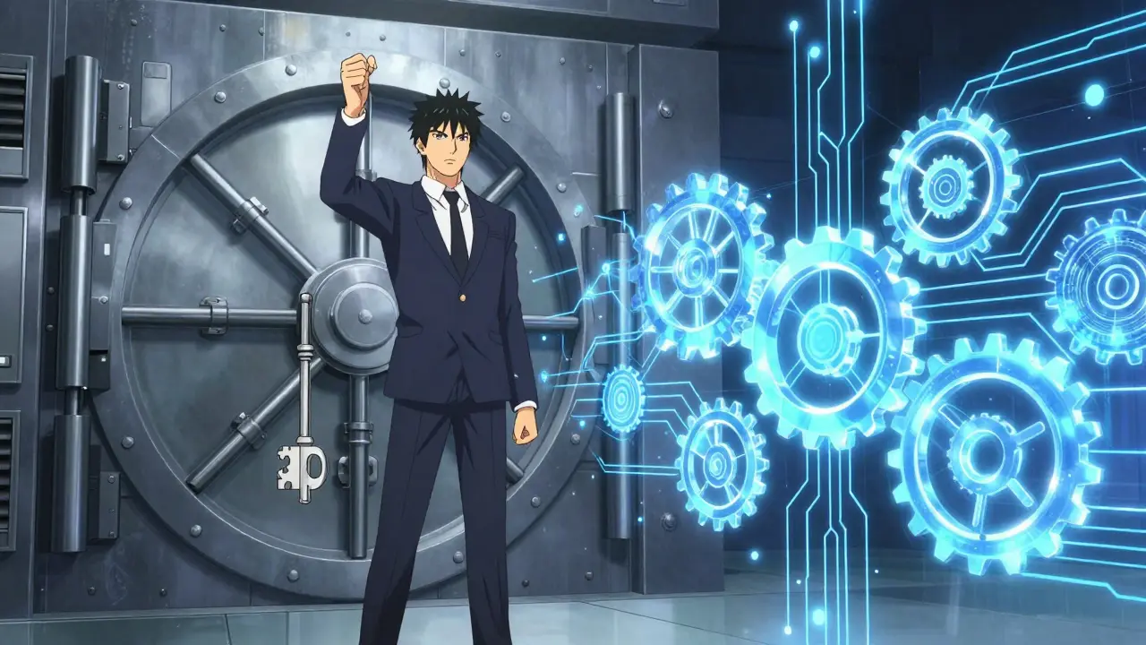 Comparaison visuelle entre un coffre-fort corporatif et un réseau de smart contracts en anime.