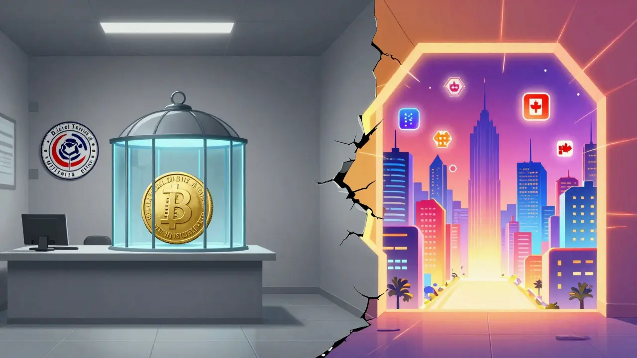 Contraste entre la blockchain contrôlée par l'État et l'exil technologique, style anime.