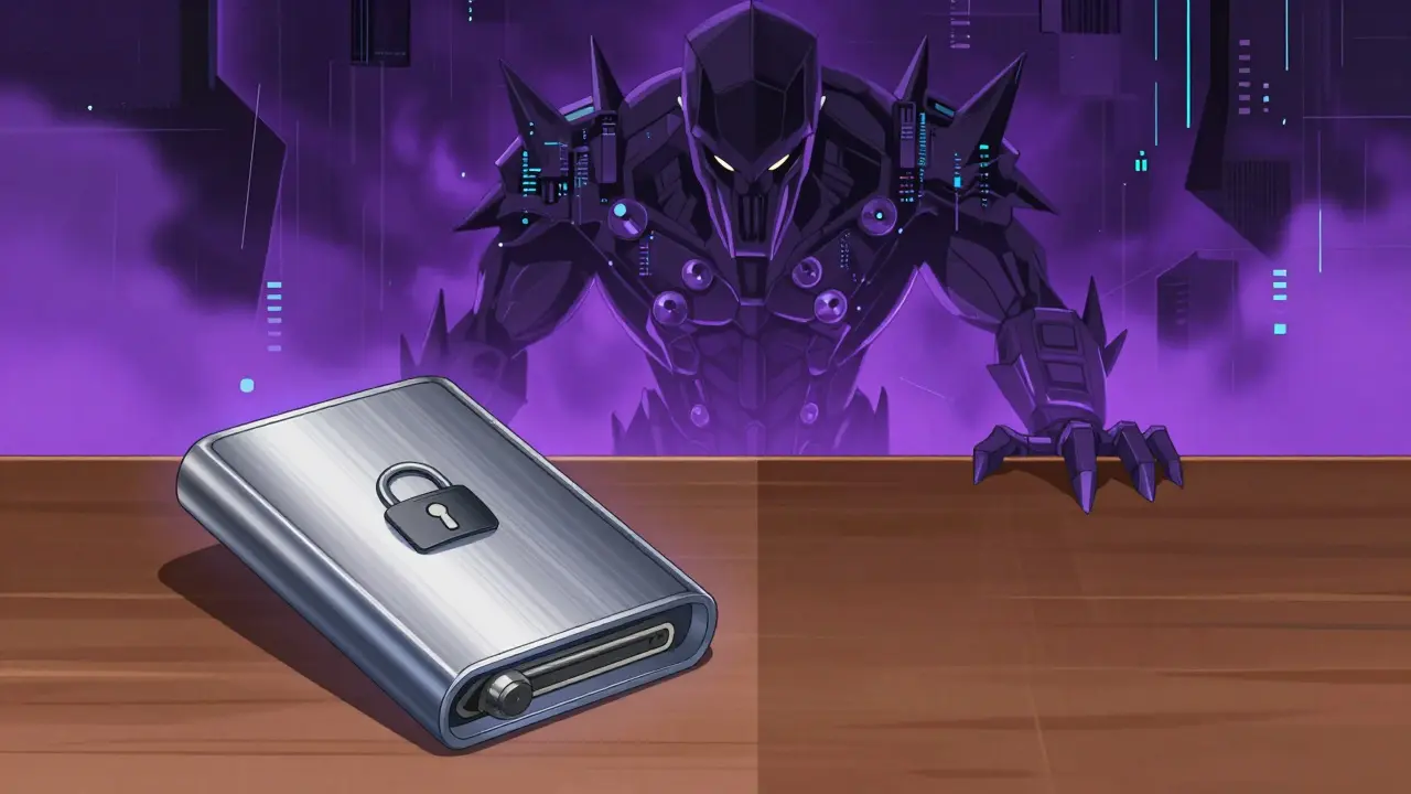 Contraste entre un portefeuille matériel sécurisé et un ordinateur quantique menaçant.