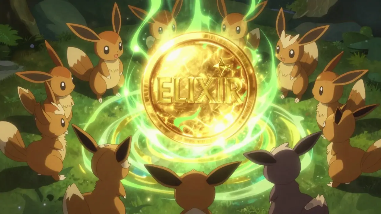 Des créatures Starchi interagissant avec l'essence lumineuse du jeton ELIXIR.