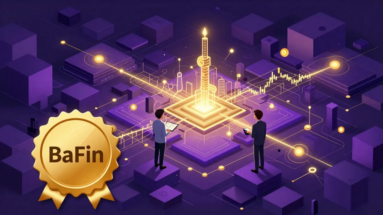 Expert analysant les flux DeFi et le staking avec un sceau de licence BaFin