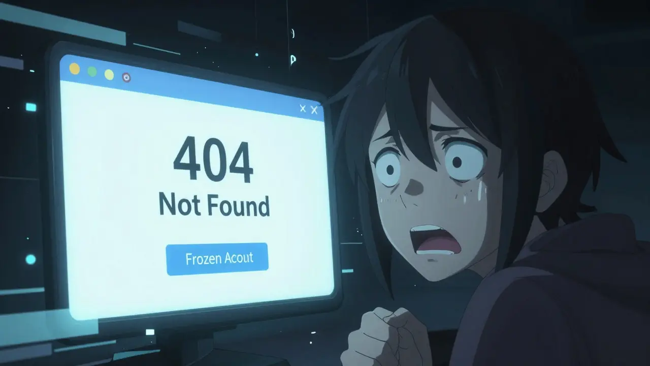 Expression de choc d'un utilisateur face à un écran d'erreur et un compte gelé.