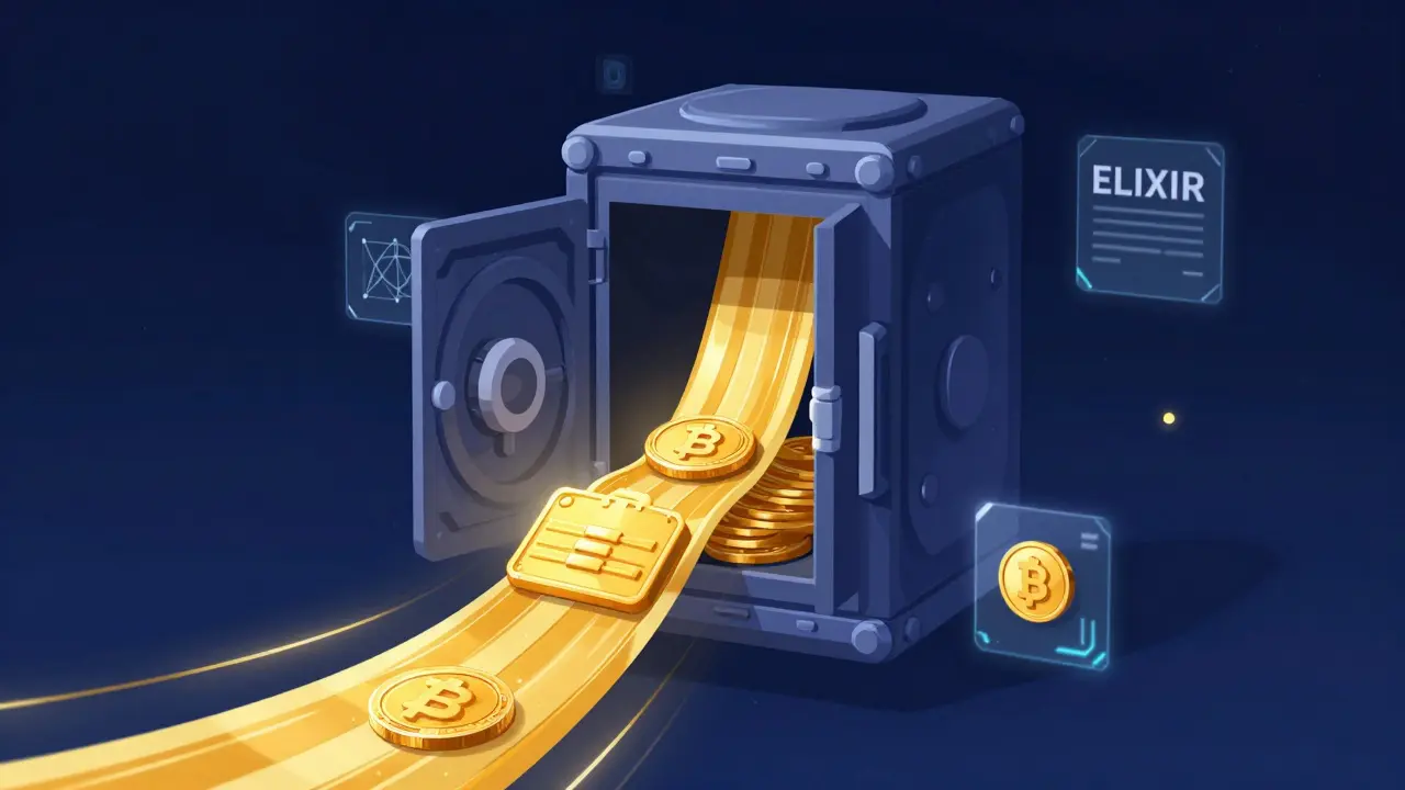 Flux de jetons ELIXIR entrant dans des portefeuilles numériques dans un espace cybernétique.
