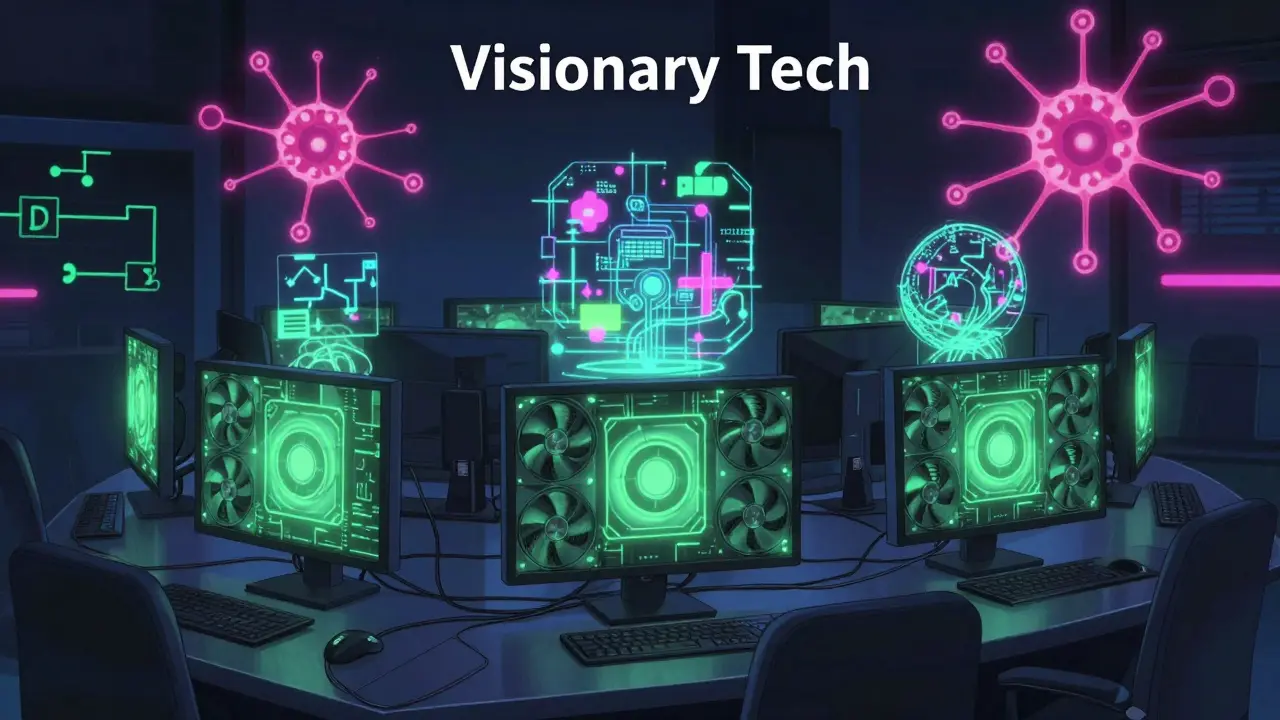 Installation de GPU avec des réseaux neuronaux flottants représentant la technologie Dynex.