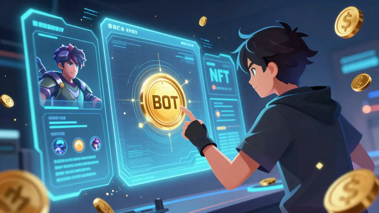 Joueur interagissant avec des jetons BOT et des NFT dans un univers de jeu anime.