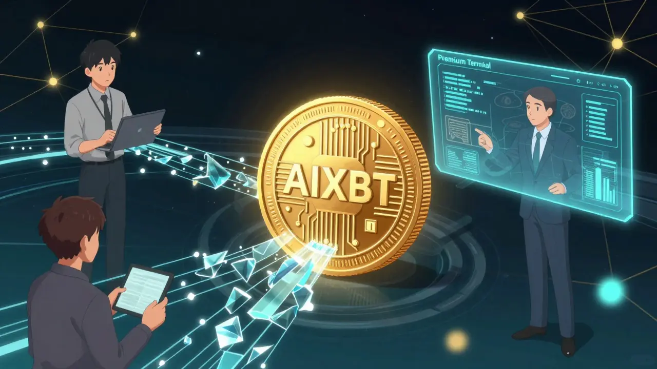 Le jeton AIXBT entouré d'utilisateurs accédant à différents niveaux d'outils d'analyse.