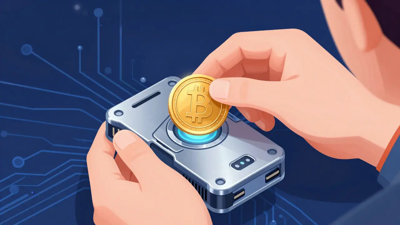 Mains plaçant une cryptomonnaie dans un portefeuille matériel sécurisé style anime.