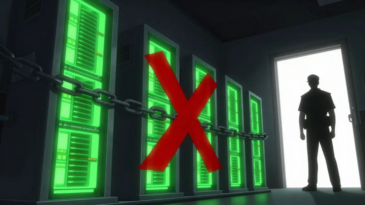 Matériel de minage de cryptomonnaies saisi et enchaîné dans une pièce sombre, style anime.