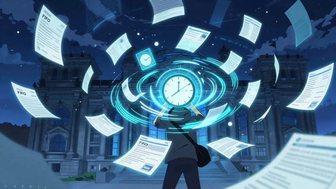 Personnage anime entouré de documents numériques illustrant la complexité du FIFO.