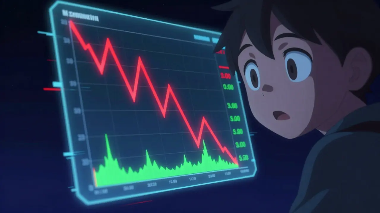 Personnage d'anime observant un graphique boursier avec une hausse et une chute brutales.