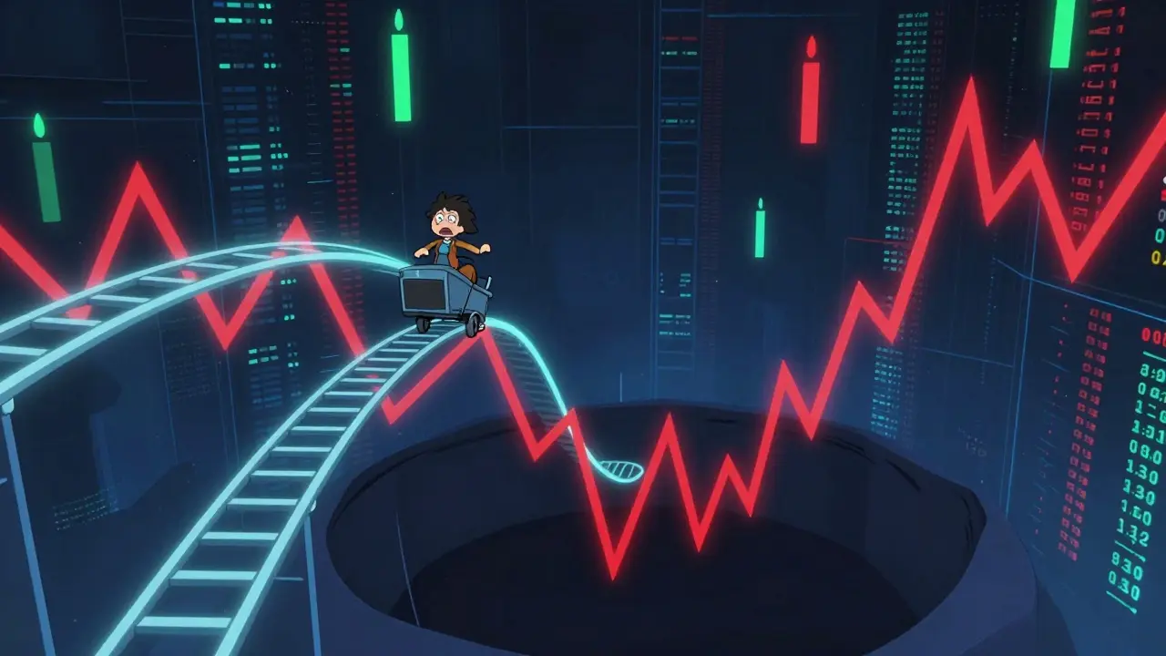 Personnage d'anime sur des montagnes russes numériques représentant la volatilité extrême d'un cours financier.