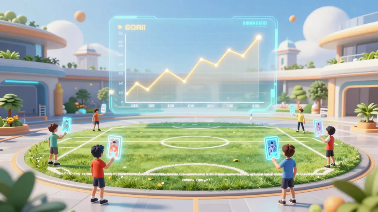 Personnages anime interagissant avec des cartes de football dans un métavers futuriste.